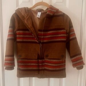 Tea Boy’s Wool-Blend Hooded Jacket – Size S (4–5) | Brown with Orange Stripes